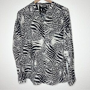 Lafayette 148 Animal Print Silk Button Down Blouse size 12 Zebra Leopard
